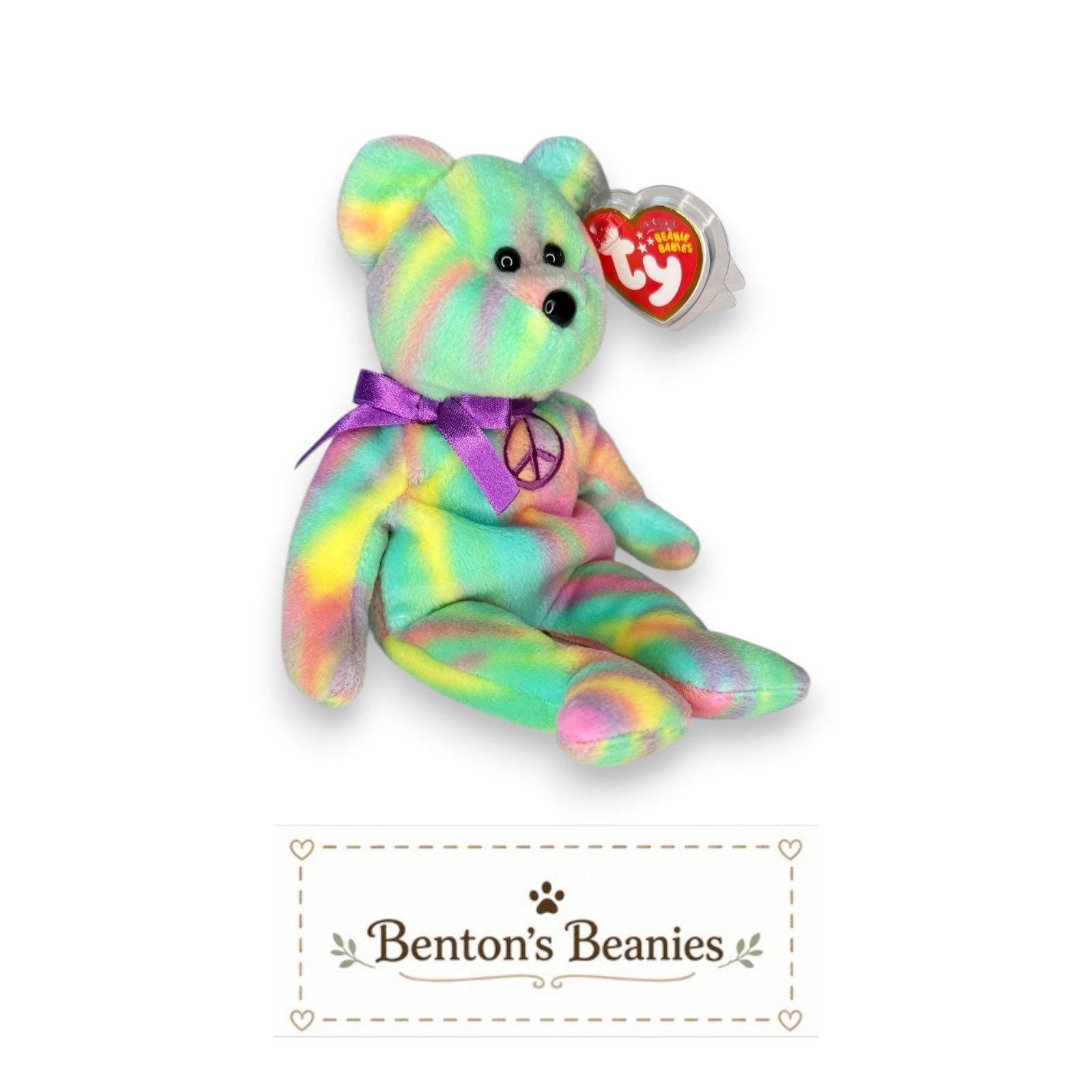 Peace the Bear Ty Beanie Baby | Candy Stripe Dreamer | Mint Heart Tag