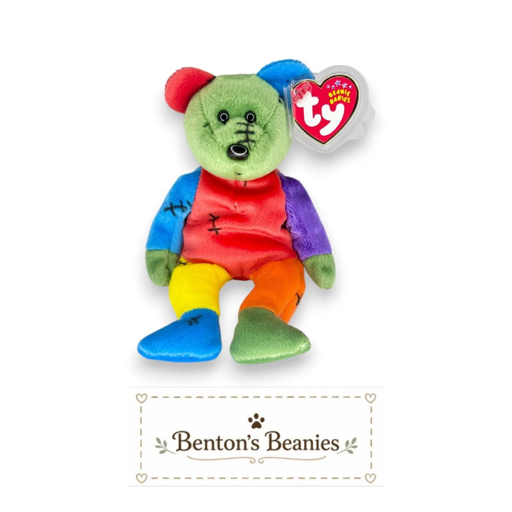 FrankenTeddy the Bear Ty Beanie Baby | Blue/Green Feet | Mint Heart Tag