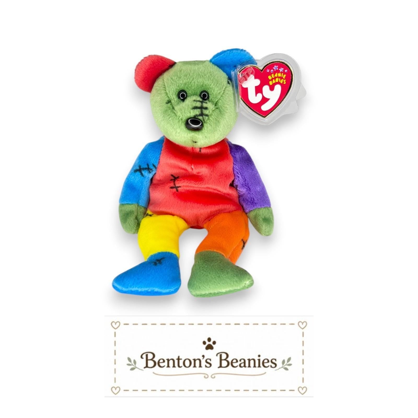 FrankenTeddy the Bear Ty Beanie Baby | Blue/Green Feet | Mint Heart Tag
