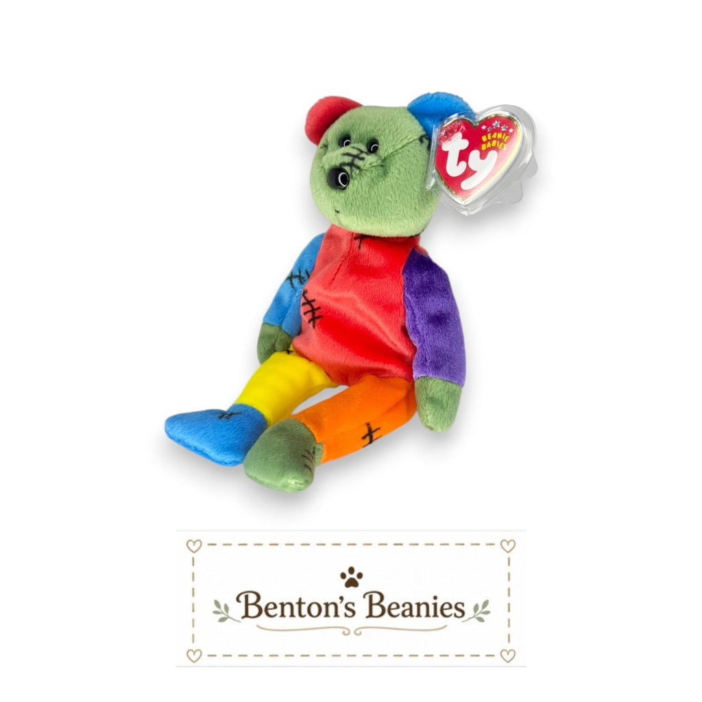 FrankenTeddy the Bear Ty Beanie Baby | Blue/Green Feet | Mint Heart Tag