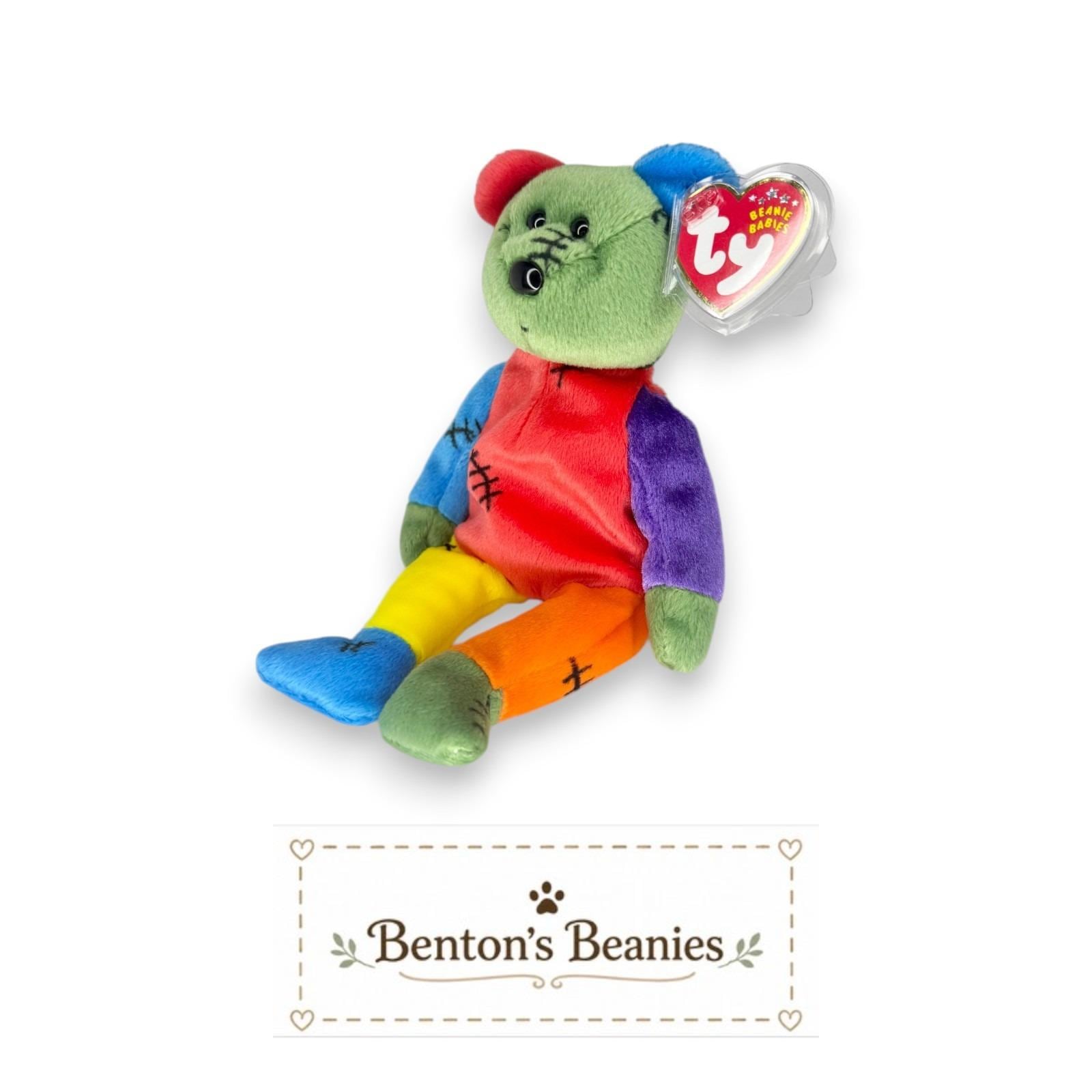 FrankenTeddy the Bear Ty Beanie Baby | Blue/Green Feet | Mint Heart Tag