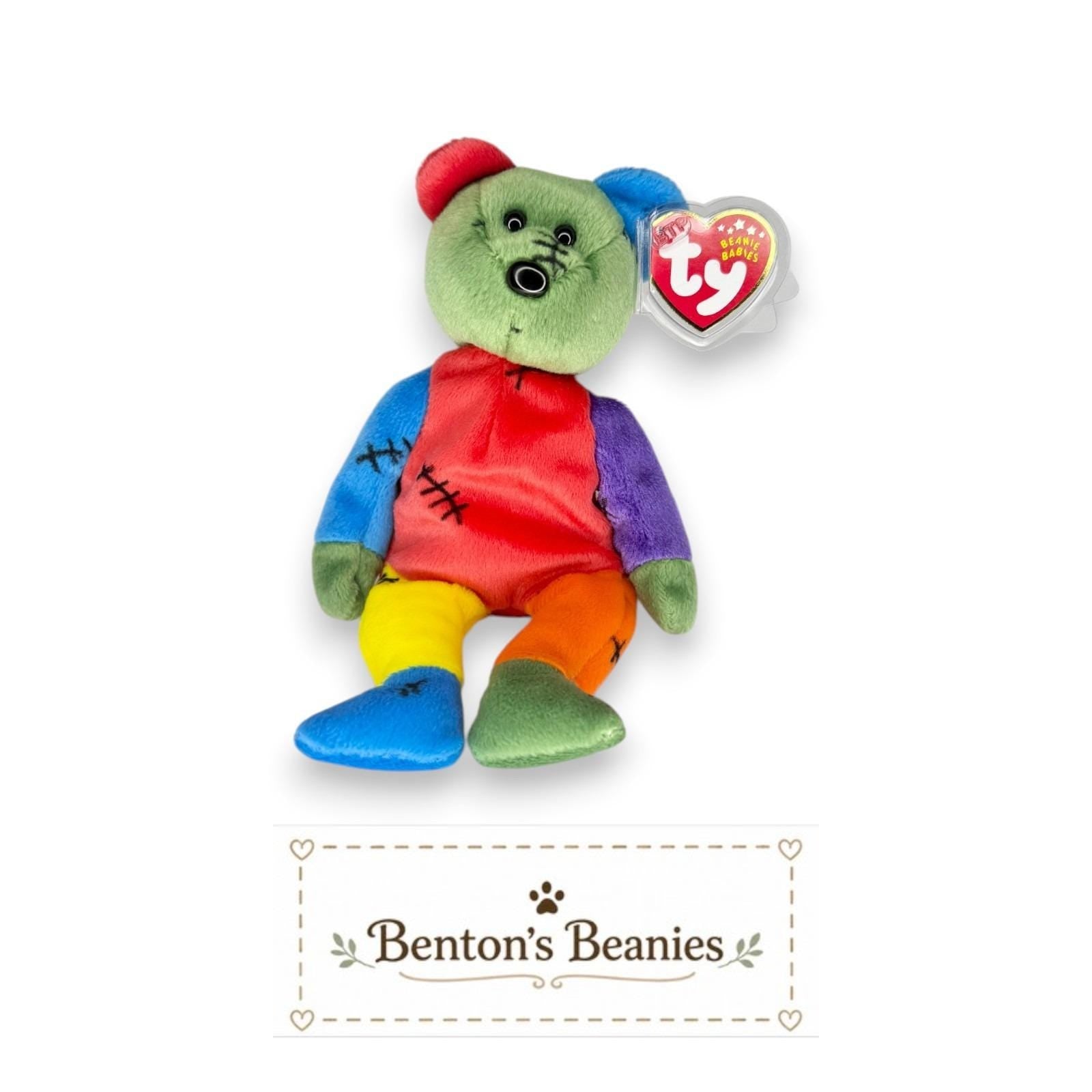 FrankenTeddy the Bear Ty Beanie Baby | Blue/Green Feet | Mint Heart Tag