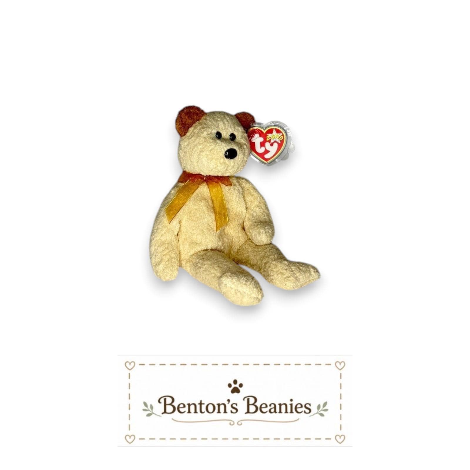 Huggy the Bear Ty Beanie Baby | Golden Ribbon Cuddler | Mint Heart Tag