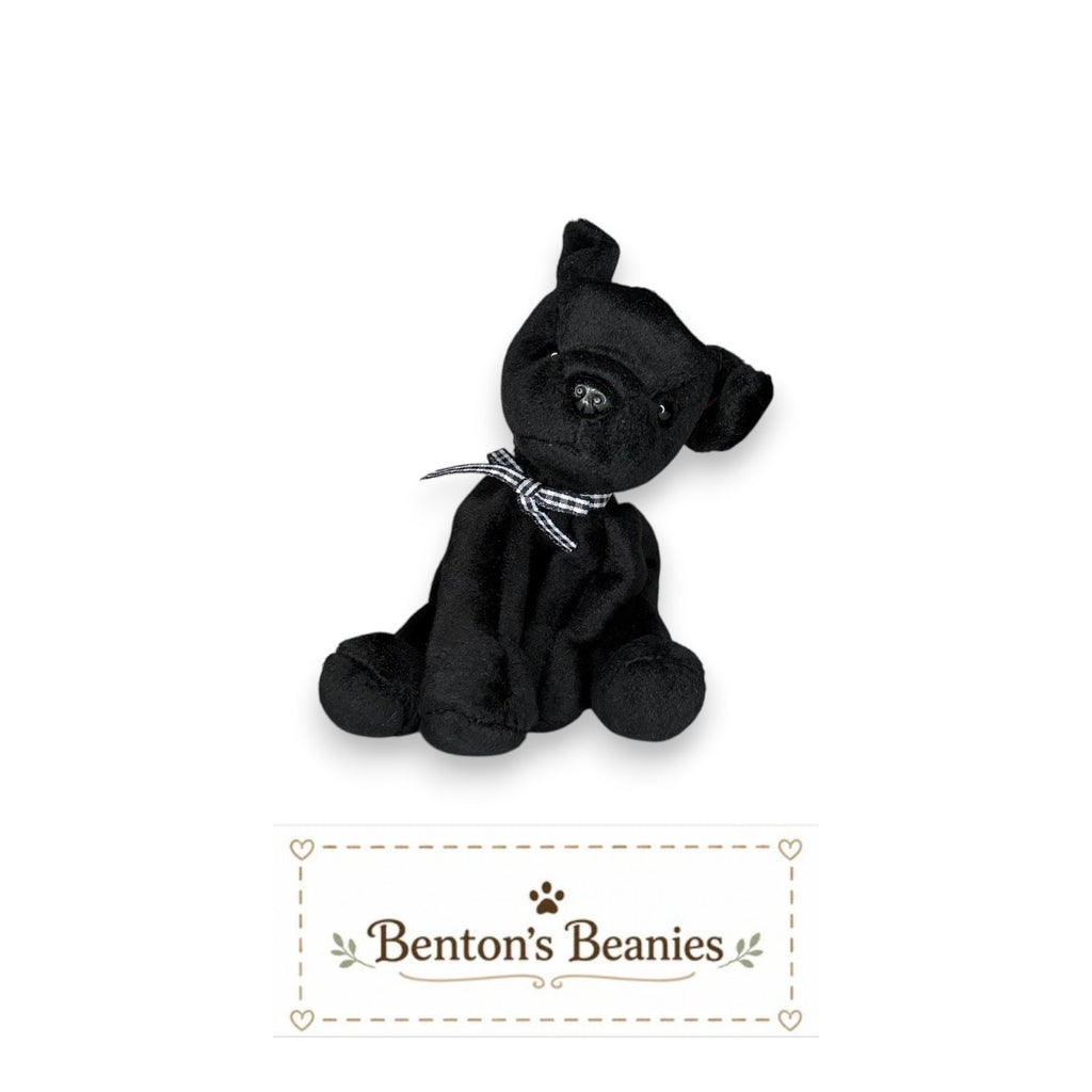 The Beanie Center Luke the Black Lab Dog Beanie Baby with checkered ribbon collar, mint condition.