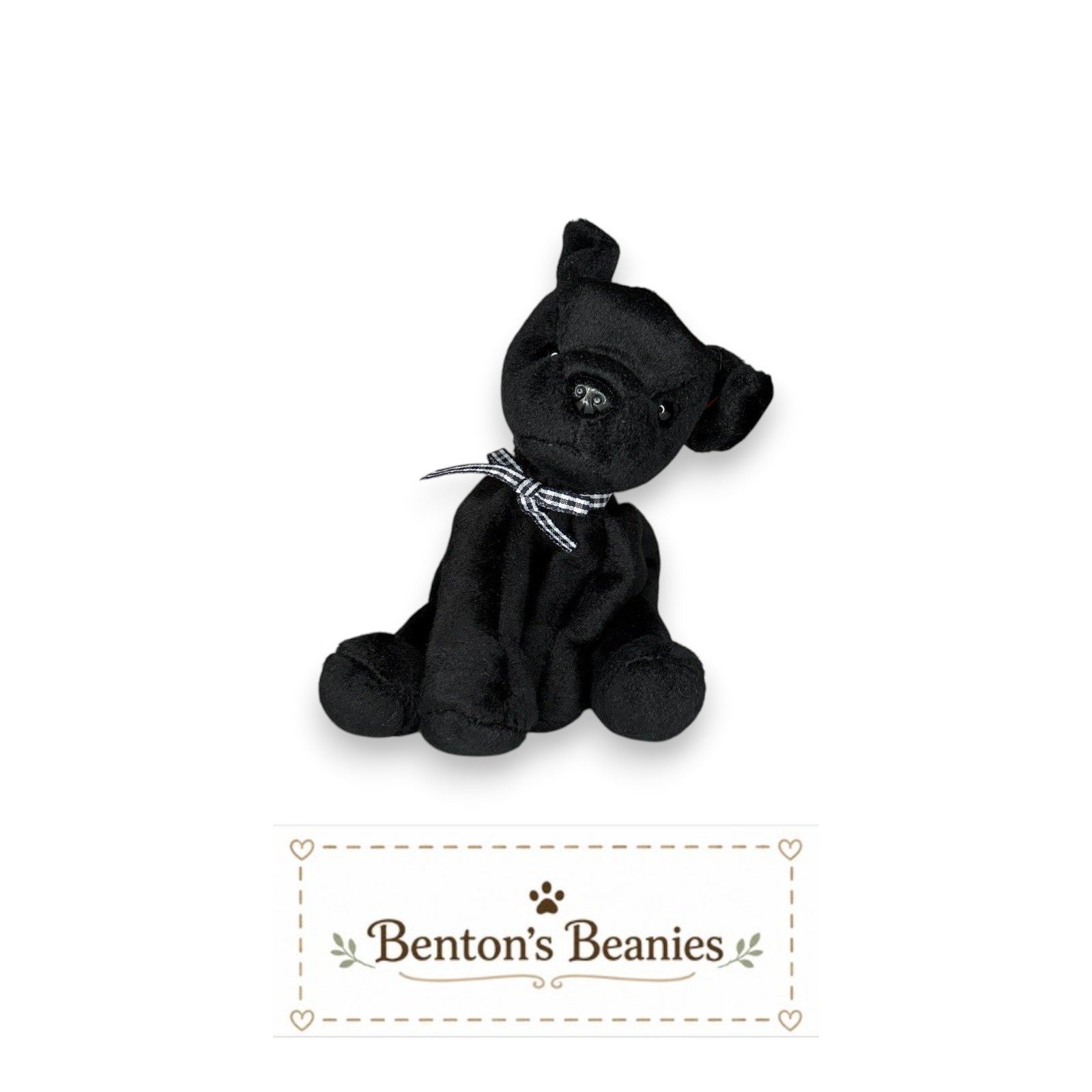 The Beanie Center Luke the Black Lab Dog Beanie Baby with checkered ribbon collar, mint condition.