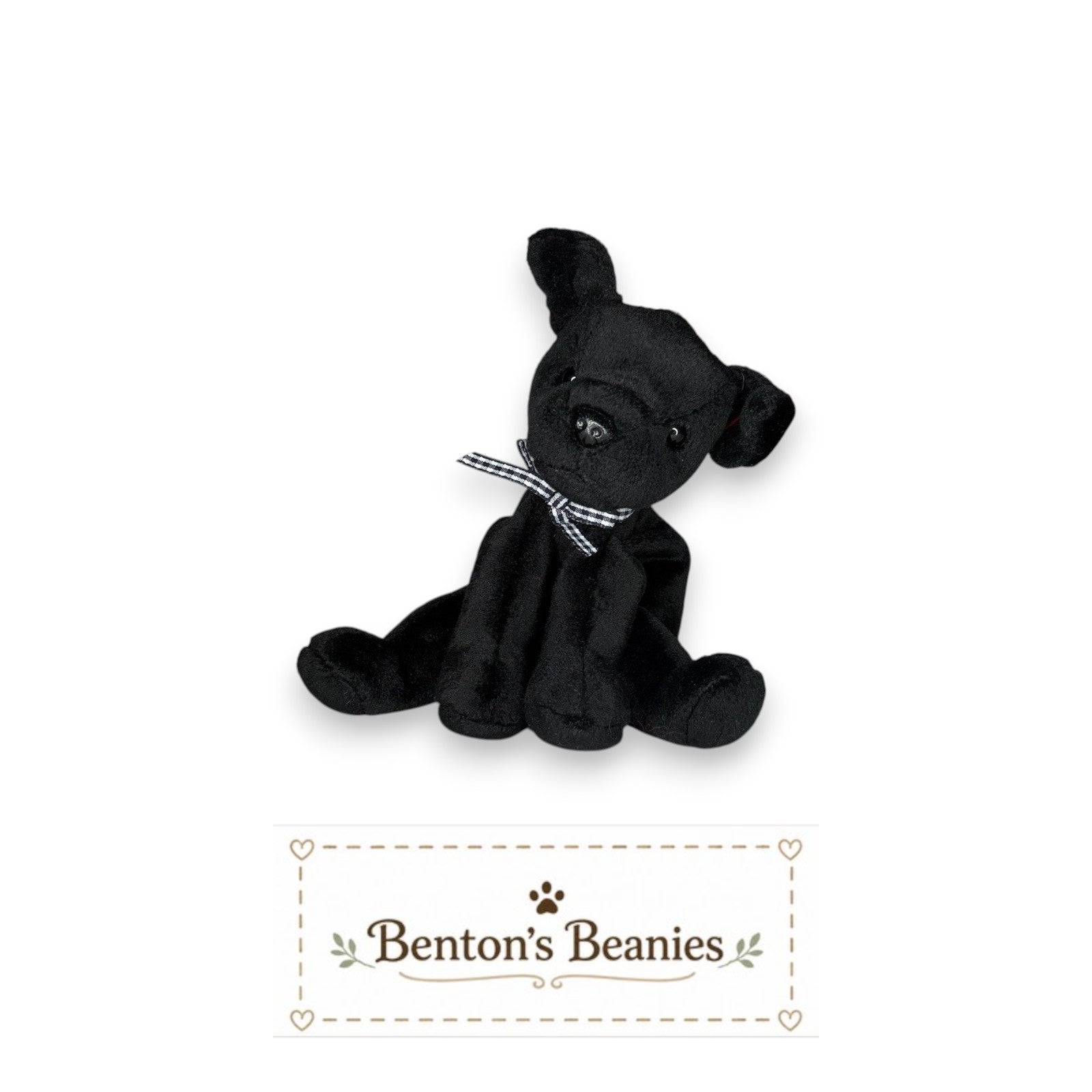 The Beanie Center Luke the Black Lab Dog Beanie Baby with checkered ribbon collar. Soft plush, mint condition.