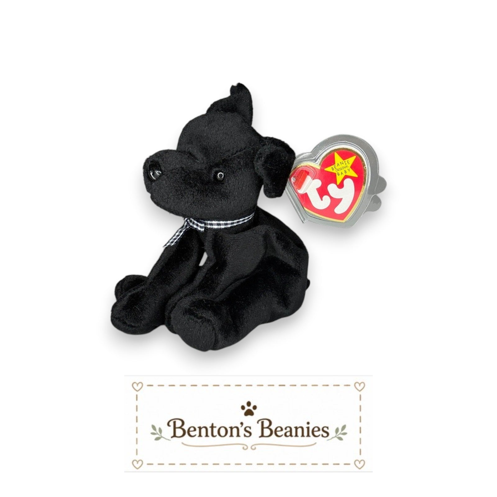 The Beanie Center Luke the Black Lab Dog Beanie Baby plush toy with checkered ribbon collar and TY tag.