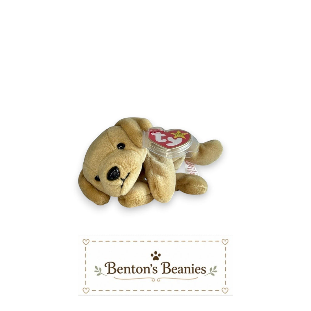 The Beanie Center Fetch the Golden Retriever Beanie Baby plush toy with floppy ears and original tags.
