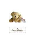 The Beanie Center Fetch the Golden Retriever dog plush toy, tan, with floppy ears and a red heart tag.
