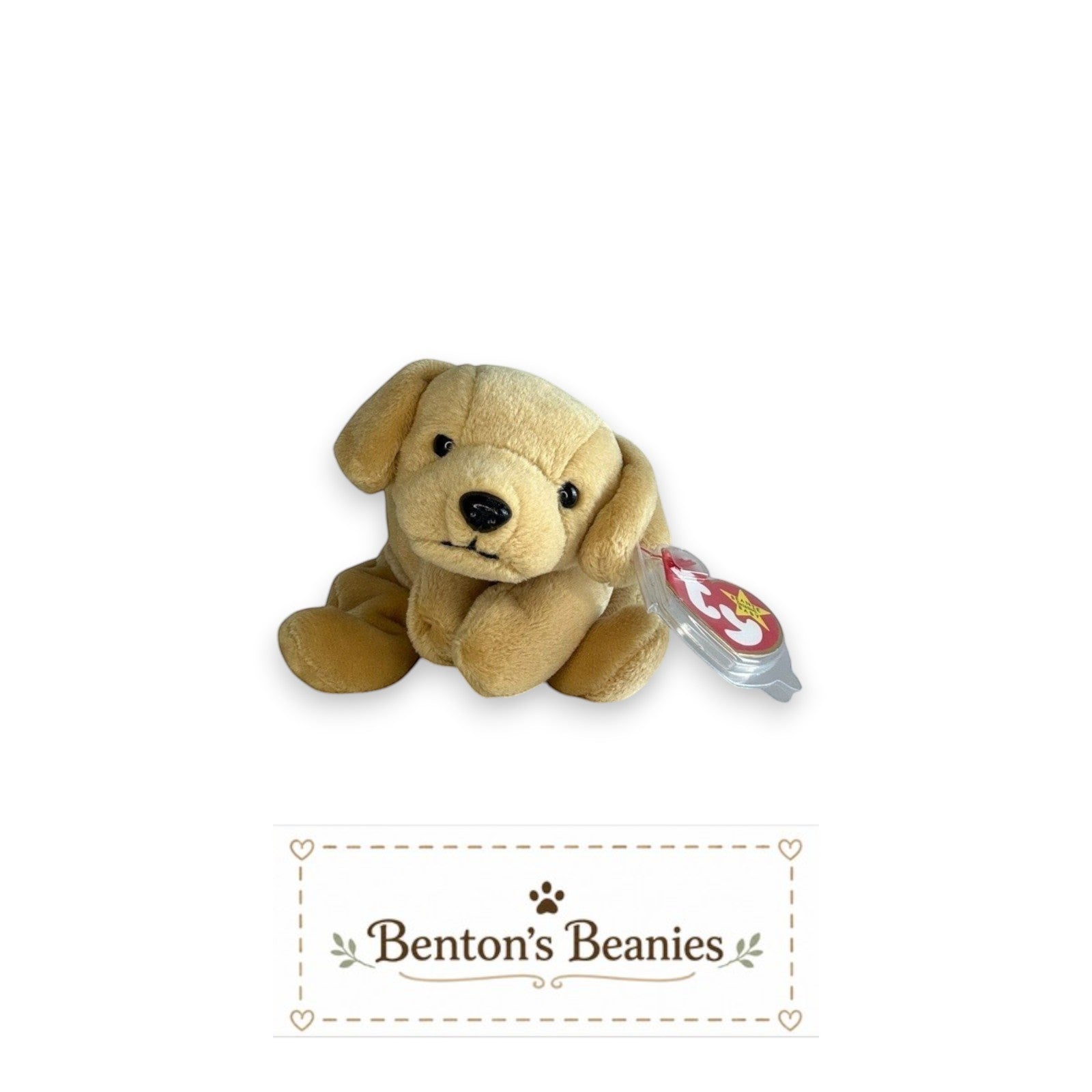 The Beanie Center Fetch the Golden Retriever dog plush toy, tan, with floppy ears and a red heart tag.